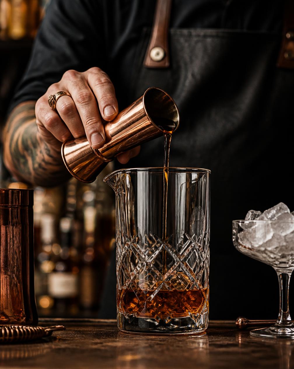 Il bartender al lavoro dietro il bancone